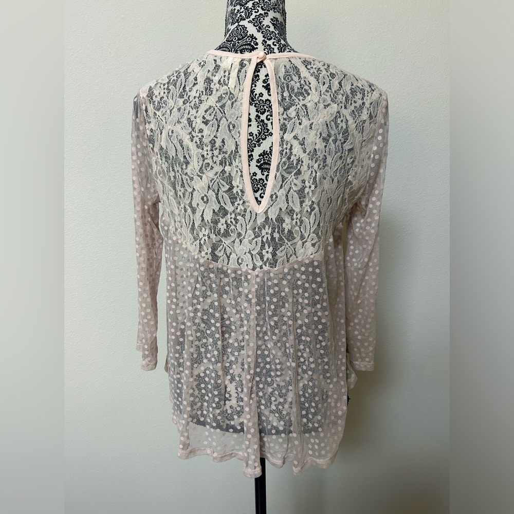Frenchi Sheer Lace Polka Dot Babydoll Blouse Dusty Pink M - Picture 4 of 7